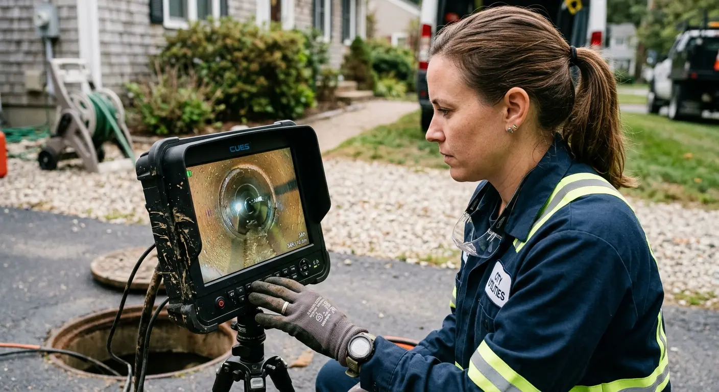 Technician reviewing sewer camera inspection footage in Firebaugh