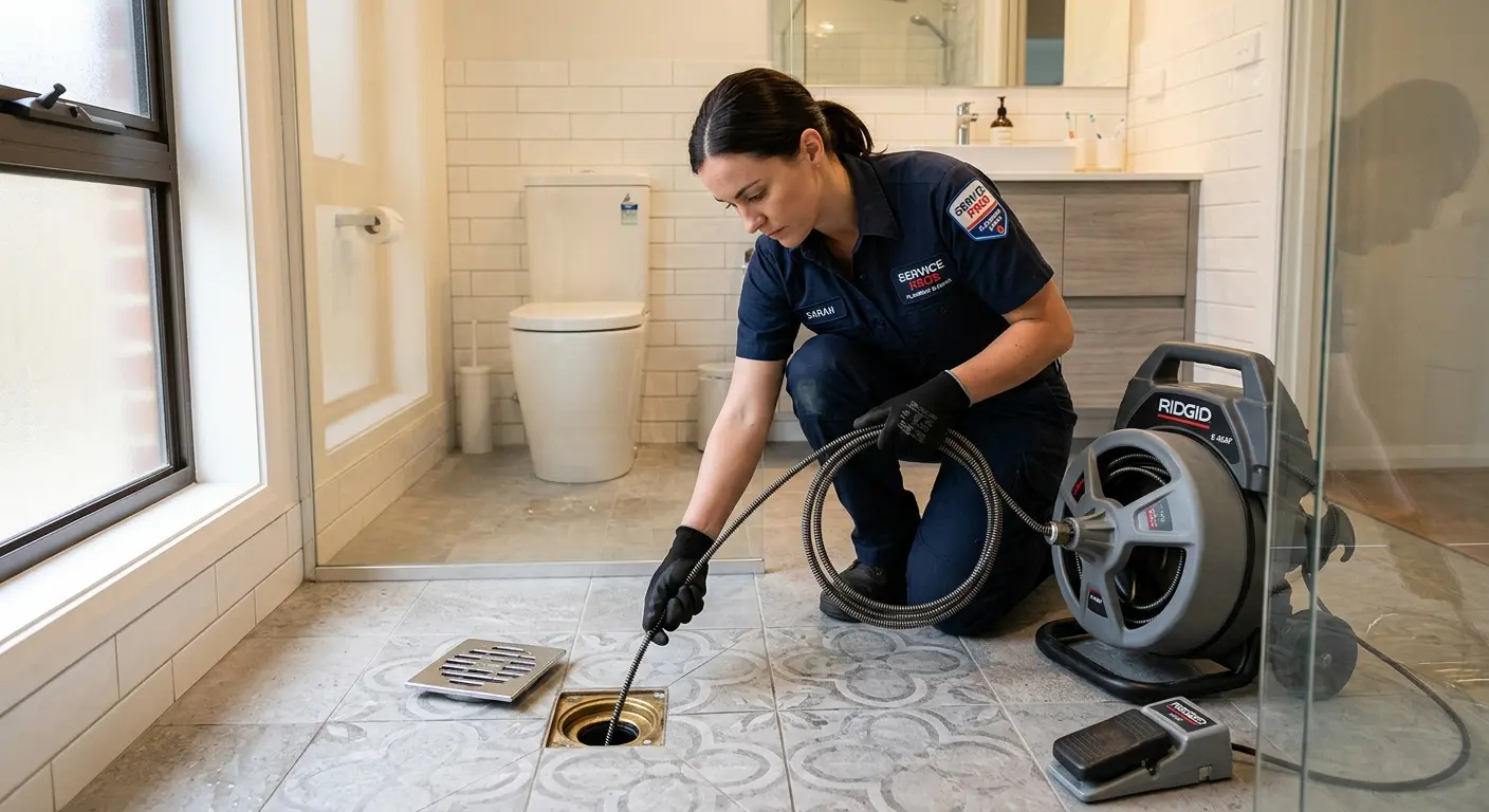 Technician clearing a bathroom floor drain for Sewer Line Replacement in Firebaugh